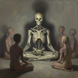mortal contemplations is a vision based on a meditative moment of self - reflection on the condition of being subject to death, inspired by the pandemic's forced collective confrontation of mortality on a global scale, volumetric lighting and shadows, concept art, biomechanical, realistic oil painting by alex grey