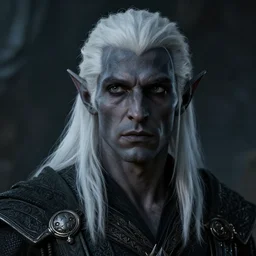 a portrait of a dark drow elf male, medium length white hair, young adult, dark gray skin, curious, style by donato giancola, wayne reynolds, jeff easley dramatic light, high detail, cinematic lighting, artstation, dungeons and dragons