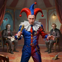 vladimir putin is jester in circus, in lunatic asylum, intricate, highly detailed, smooth, artstation, painted by wayne barlowe, greg rutkowski, zdislav beksinski, francis bacon, horror
