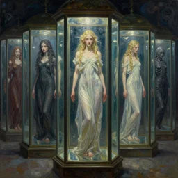 a row of glass cases with a goddess inside of it, oil on canvas concept art by beksinski, giger, millaise and greg rutkowski, deviantart, pop surrealism, hall of mirrors, concept art, lovecraftian
