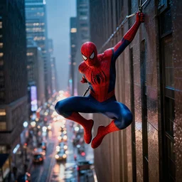 peter parker swinging down a skyscraper building into rainy nightly new york city street, lens flare deep focus, d & d, intricate, elegant, highly detailed, photo, 9 0 s, artstation, blade runner, 8 k, sharp focus, octane, unreal engine 5, global illumination, radiant
