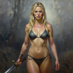the portrait of jessica ennis hill as amazon warrior in bikini by roberto ferri, fantasy, witcher, very detailed oil painting, masterpiece, 8 k