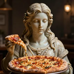 Beautiful art portrait of statue of a female made of pizza, atmospheric lighting, intricate detail, cgsociety, hyperrealistic, octane render, RPG portrait, ambient light, dynamic lighting,
