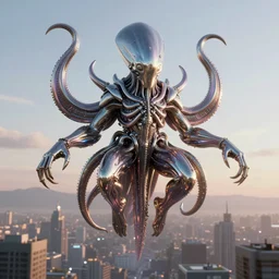 metallic cthulhu - cybog hovering over a city. shiny, gradient lighting, detailed, full - body, concept art, hyper - realistic, octan render, 8 k
