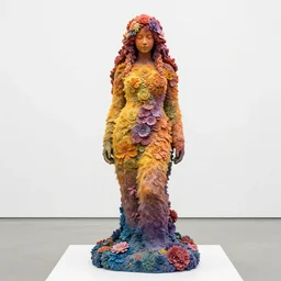 vivid sculpture of a woman with long fur covered in flowers. intricate. gradient colors. empty white space exposition. by ueda akishi, beth cavener, ellen jewett, rogers.