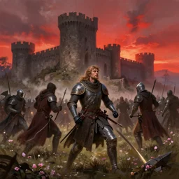 madness of the medieval battlefield. castles. bloom, lighting, red sunset. fantasy, digital painting, hd, detailed.