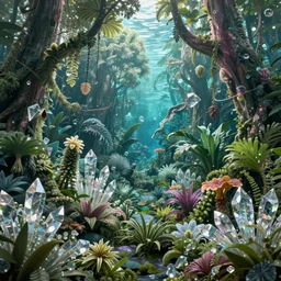 A wild jungle filled with exotic plants all made out of crystal, underwater, Fantasy, 4k, hyper-definition, photorealistic, artstation
