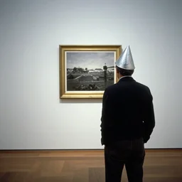 silverconeheadman seen from behind standing in an empty gallery contemplating over a frame hanging at the opposite wall, photo taken with provia 1967