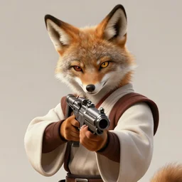 beautiful portrait of a female anthropomorphic coyote fursona wearing jedi robes aiming a blaster rifle. detailed hands. character design by charlie bowater, ross tran, artgerm, and makoto shinkai, detailed, soft lighting, rendered in octane