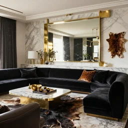 mid century modern american life style living room interior by kelly wearstler, marble, black velvet, brass, mirror, glare, reflexes, animal skins, art, luxury, hyper realism, ultra detailed