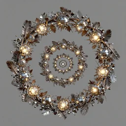 a recursive spiral fractal made of scrap metal and glowing sphrerical gemstones and leaves and feathers, 3 d, trending on artstation, octane render, 8 k