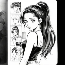 Ariana Grande black and white manga sketch in the style of Akira Toriyama, Kentaro Miura, Bernie Wrightson
