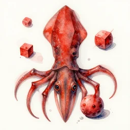 watercolor painting of new creepy book cover by dan brereton with cubed red squid, hyper detailed bolus, flash baked at 6 0 0 f