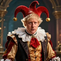 Boris Johnson dressed as a Court Jester. Unreal engine, fantasy art by Betty Jiang. Faithfully depicted facial expression, perfect anatomy global illumination, radiant light, detailed and intricate environment