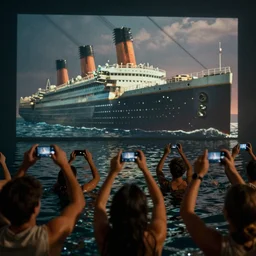by night, the titanic is sinking, people are swimming in the foreground, they all raise their smartphones up above the water, filming the titanic sinking, can see the titanic on the lcd screens, photo realistic, by james cameron in the movie titanic