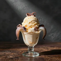 ice cream sundae topped with raw calamari