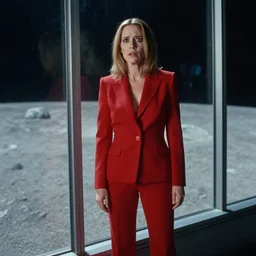 a medium full shot photograph by annie leibovitz depicting deborah ann woll in a tailored red suit standing next to a plate glass window with an anxious expression. outside we see the surface of the moon. sci fi, futuristic, cinematic, soft lighting, sci fi, bladerunner, canon eos r 3, f / 3, iso 2 0 0, 1 / 1 6 0 s, 8 k, raw, unedited