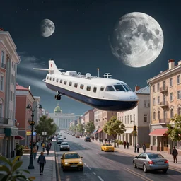 hovercraft in russian city on the moon designed by ash thorp, busy street, rendered in octane, photorealistic, detailed, trending on behance, 8 k hdr