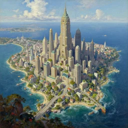 beautiful fantasy city beside the ocean by Alan Lee, concept art, matte painting, highly detailed, art station, oil painting, 8k