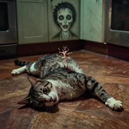 cinematic colorful horror artwork by artgerm, beksinski, bernie wrightson, jean delville ; real life full portrait of dead cat lying on kitchen floor, its neck bent back so far that the top of the head touched the spine ; haunting, brutal scary terrifying, 8 k hdr, creepy intricate ; dramatic lighting, insanely detailed