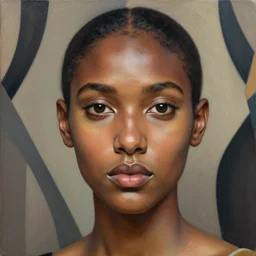 detailed portrait in femininity, realistic face sculpted features, ethnic, exotic, arabic, melanin, deep clear eyes, statuesque, warm glowing skin, chiaroscuro, tangible, angular impressionism, arabesque backdrop, contemporary, modern fashion, natural colors, tina yeh, rutkowski bussiere mullins leyendecker