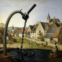 black petrol, oil flooding a peaceful medieval town. painting by jan van eyck, harald sohlberg, steve mccurry, bonnard