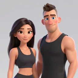 young beautiful athletic Filipino woman with long hair standing beside a handsome caucasian athletic thin man with short buzzed hair, high widows peak, stubble on his face, blue eyes, depicted as Pixar characters, high quality cg render