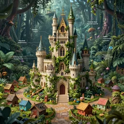 infographic map of beautiful Hyperrealistic vine covered tall royal castle in the middle of a dark scary jungle, smaller colorful shacks surround, macro lens, shallow depth of field, highly detailed, digital painting, trending artstation, concept art, illustration, cinematic lighting, vibrant colors, photorealism, epic, octane render