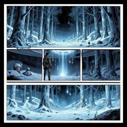 no border 3 panel graphic novel layout syd mead magnesium forest frozen tundra cryogenic tears hyperspace loneliness futuristic small unit tactics behind enemy lines littoral combat photorealistic graphic novel layout by michael komarck, greg rutkowski, victo ngai, artgerm, willem claesz heda and j. dickenson roger deakins john seale