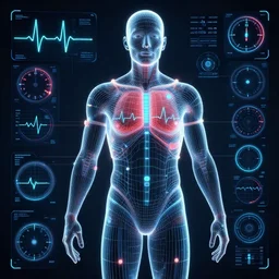 human performance, wireframe body, vector, biosensors,, electrocardiograph, temperature, eye tracking, medical image, detailed, octane render, global illumination, future, heartbeat, gauges and dials