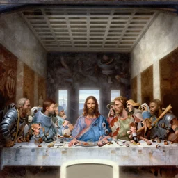 leonardo da vinci style painting of a futuristic mural of a futuristic last supper, detailed futuristic faces, highly detailed futuristic people, highly detailed futuristic jesus, astronauts, futuristic setting, epic atmosphere, futuristic environment, cinematics, style of leonardo da vinci, cinematics, trending on artstation