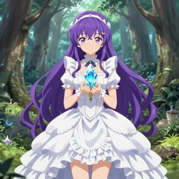 full body cute bombshell anime waifu woman with purple hair, victorian white ruffly dress. holding divine ocean crystal. isekai enchanted forest, symmetrical face. symmetrical detailed defined eyes. beautiful lineart. pixiv # 1 ranking