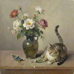 a cat and a broken vase of flowers, oil on canvas,
