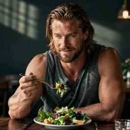 stock photo of chris hemsworth eating salad