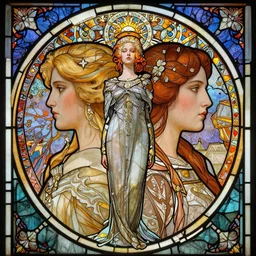 masterpiece head-on symmetrical centered portrait, Elisha Cuthbert and Natalie Dormer as a paladin, blonde hair, art nouveau, gothic stained glass style, tarot card style, elegant, distant, in the style of Edgar Maxence and Ross Tran and Zdzisław Beksiński and Michael Whelan and Mucha and Gustave Doré, specular highlights, 8k, octane render