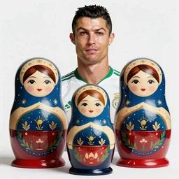 A portrait photo of Cristiano Ronaldo  teams up with a matryoshka, perfect faces, 50 mm, award winning photography