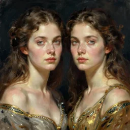 frontal portrait of female adult twins in the apocalypse, by j. c. leyendecker.