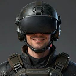 Portrait of a man by Greg Rutkowski, symmetrical face, a marine with a helmet, using a VR Headset, Kubric Stare, crooked smile, he's wearing a modern tacitcal gear, highly detailed portrait, scifi, digital painting, artstation, book cover, cyberpunk, concept art, smooth, sharp foccus ilustration, Artstation HQ