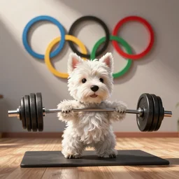 a photo of anthropomorphic anthropomorphic west highland white terrier weight lifting weightlifting barbell in olympic