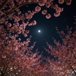 looking up at trees with pink leaves, black night sky, stars, cinestill, bokeh, out of focus, moon lighting
