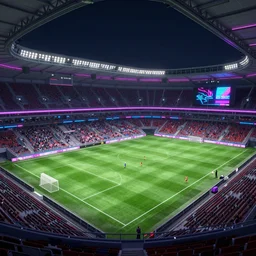 unreal engine 5 render of a soccer game being played in a neon - lit cyberpunk themed stadium