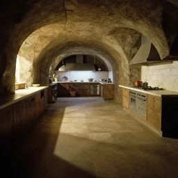 volumetric shadows, volumetric lighting, el greco, curved perspective, naive, extra narrow, by rhads, an underground kitchen with large floor, antoni gaudi