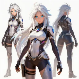 highly detailed, digital art, pixiv fanbox, trending on artstation, ray tracing, volumetric lighting, sharp focus, hq, overwatch style dps female character, long messy wild white hair and blue eyes, front view and back view, design sheet, arcane, by artgerm, wlop, greg rutkowski, miyazaki hayao