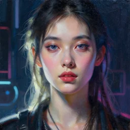 macro portrait of a synthwave style female, backlighting, sidelighting, futuristic, painting by bouguereau artstation