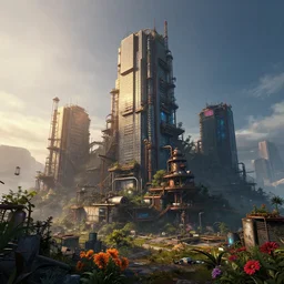 a beautiful hyperdetailed render of nature city architecture building urbex tundra industrial architecture by frederic edwin church, lightpaint otherworldly uv light darkacademia cyberpunk morning sun flowers fisheye sunlight thermal vision tokyo synthwave, archdaily, wallpaper, highly detailed, trending on artstation.