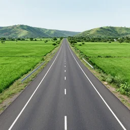 a desolate paved highway in assam with green fields to one side and hills on the other side, 1 4 mm, 3 d render, evermotion archexteriors, 3 ds max, v - ray, ray traced, high resolution hdri environment by vue, unreal engine, cinema 4 d, perspective, diorama, perfectly centered and sharp focus, rich vibrant detailed texture design architecture, bright natural ambient light + archviz + octane render + realistic photography + artstation