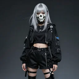 very cool girl brilliant silver hair girl with a skull shaped ballistic face mask streetwear techwear cyberpunk style outfit full body nose piercing detailed portrait intricate comp