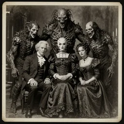 vintage photograph monochrome plate, monstrous mutant victorian family of hellraiser cenobite people posing with grotesque lovecraftian god monsters, distressed old photo, deteriorating, grunge, antique, slight sepia tone, horror, madness