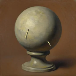 impressionist painting of a spherical boulder on a pedestal with a match stick in its side, brown background