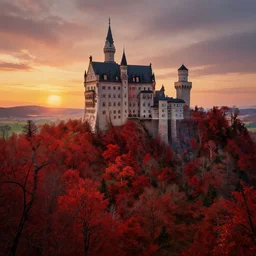 landscape red trees castle sunset, fantasy, highly detailed, art by greg rutkowski